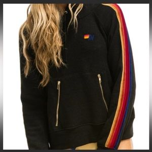 Aviator Nation 5 stripe velour hoodie in black